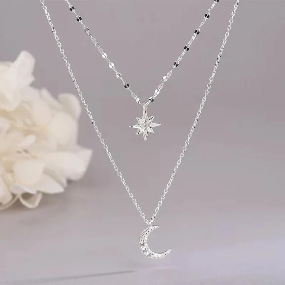 NWOT Silver Double layer moon & star choker - Picture 4 of 6
